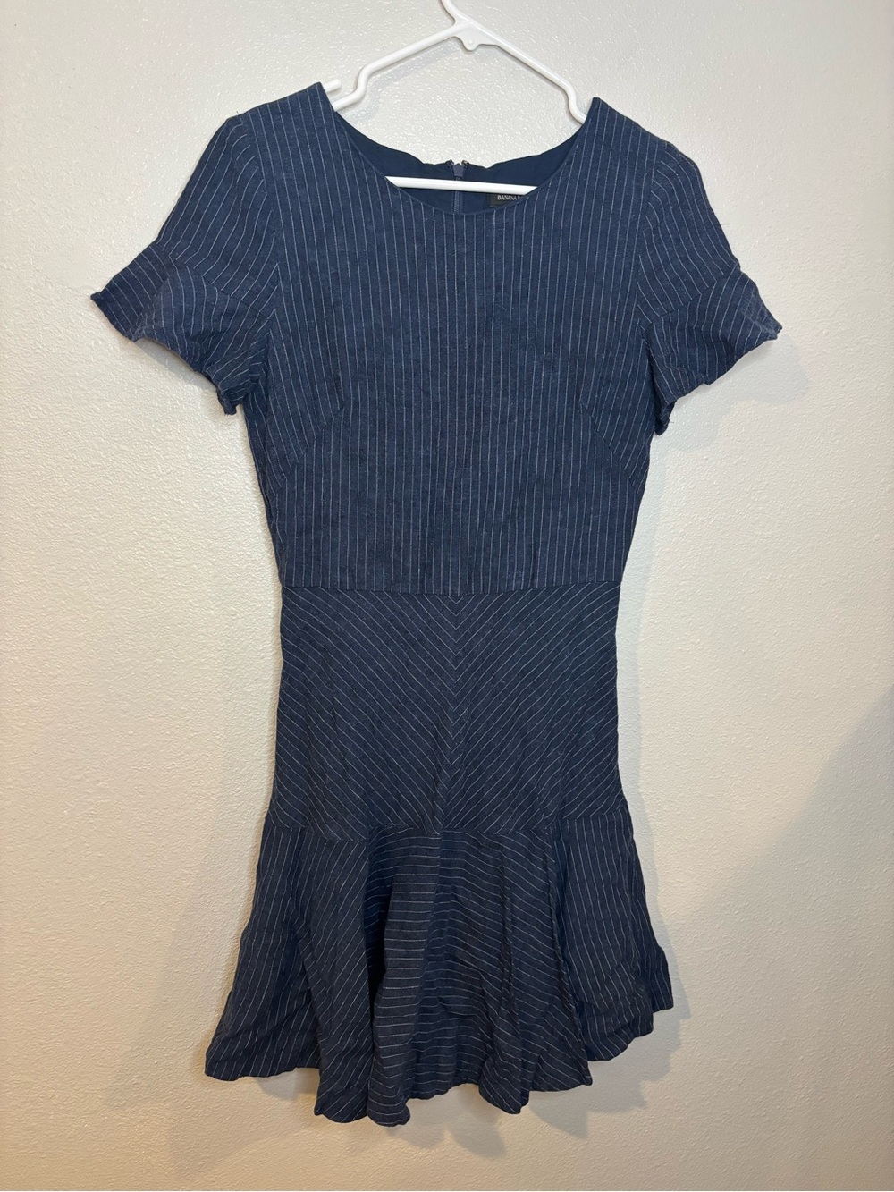 Banana Republic Navy Pinstripe Short-Sleeve Flounce Mini Dress
